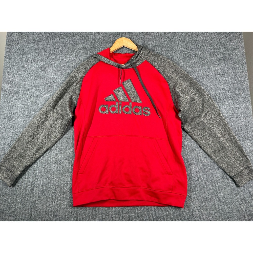 Adidas Climawarm Hoodie Mens Large Red Gray Fleece Lined Athleisure Pullover
